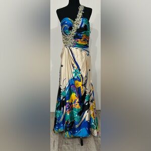 Tony Bowls Vibrant Blue and Cream One-Shoulder Dress